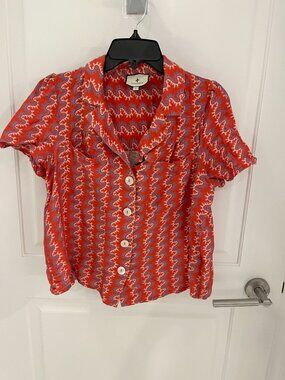 Tuckernuck Linen Blend Printed Red Button Down Blouse Top Shirt LARGE